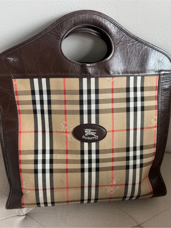 Burberry Handbags - Authentic Burberry Beige Check Tote with Dark Brown Leather Trim
